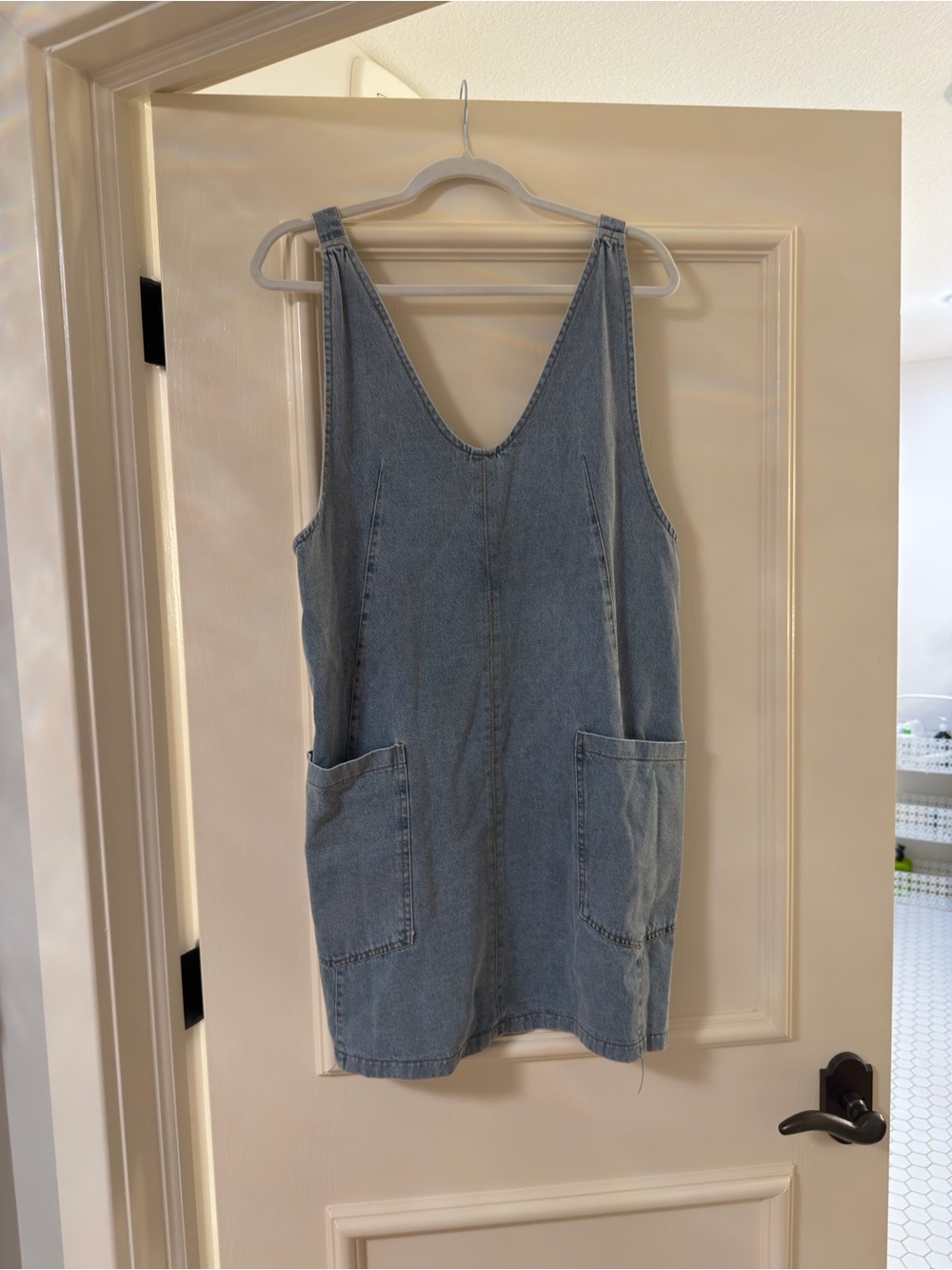 Light Blue Denim Women’s Overall Dress with Front Pockets